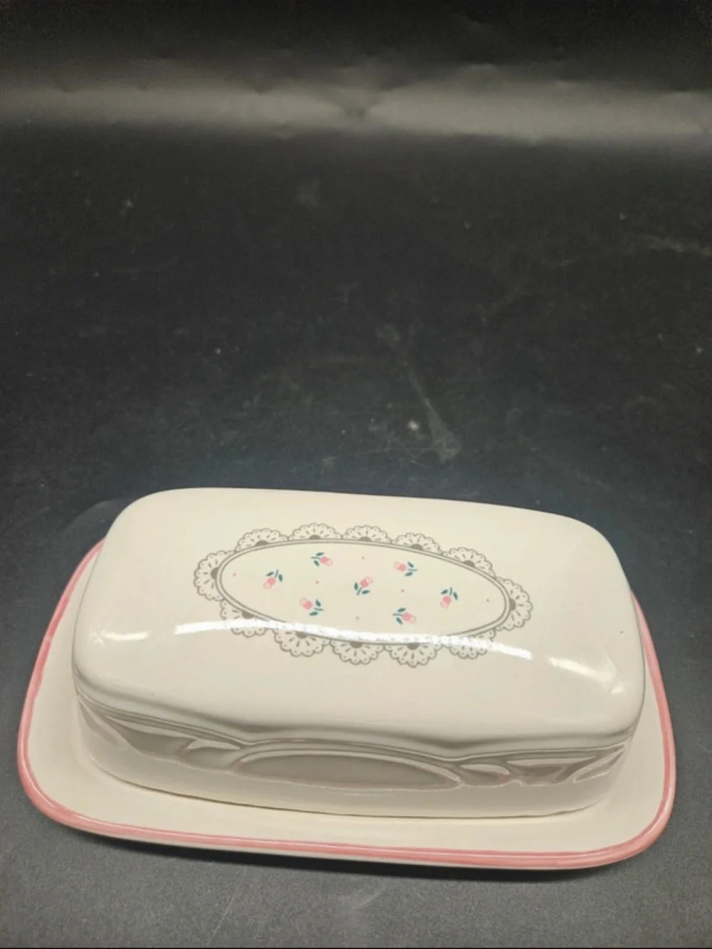 VTG Cream Ceramic Butter Dish with Pink Trim lace
